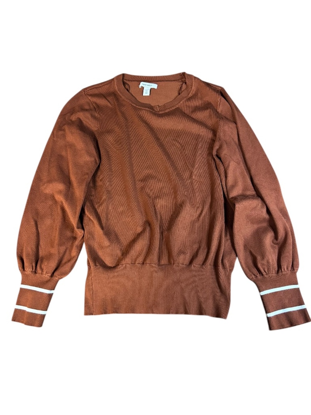 Nine West Rust Brown Puff Sleeve Sweater | Size M | Ribbed Knit Cuff Accent